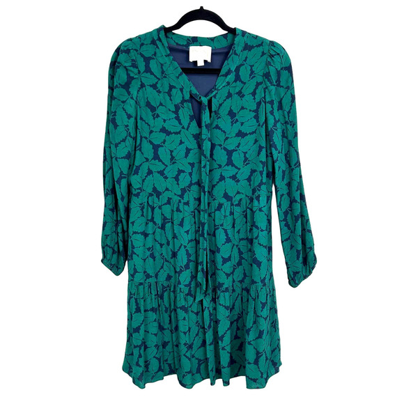 Sail to Sable Leaf Print Neck Tie Shift Dress Womens XS Green Blue - Picture 1 of 7